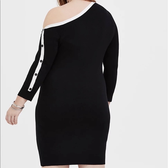 Torrid Black and White Long Sleeve Button Off The Shoulder Sweater Dress - Picture 2 of 10